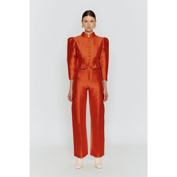 Destree Amoako Satin Puff-Sleeve Jacket in Terracotta | Blazers | Coveti