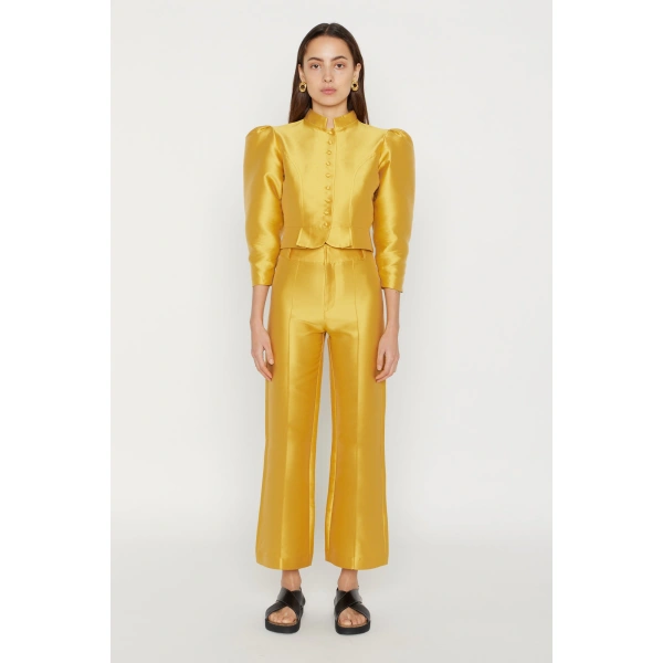 Destree Amoako Satin Puff-Sleeve Jacket in Yellow | Blazers | Coveti