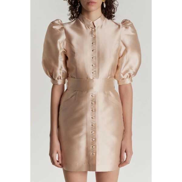 Destree Amoako Satin Puff-Sleeve Mini Dress in Nude | Mini Dresses | Coveti