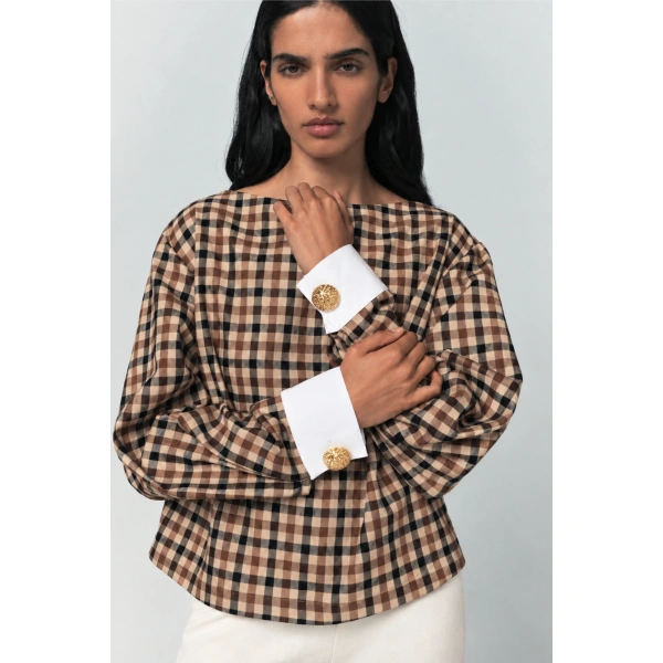 Destree Calo Checked Top in Camel | Long Sleeve Tops | Coveti