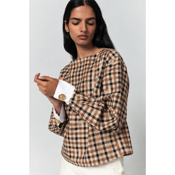Destree Calo Checked Top in Camel | Long Sleeve Tops | Coveti