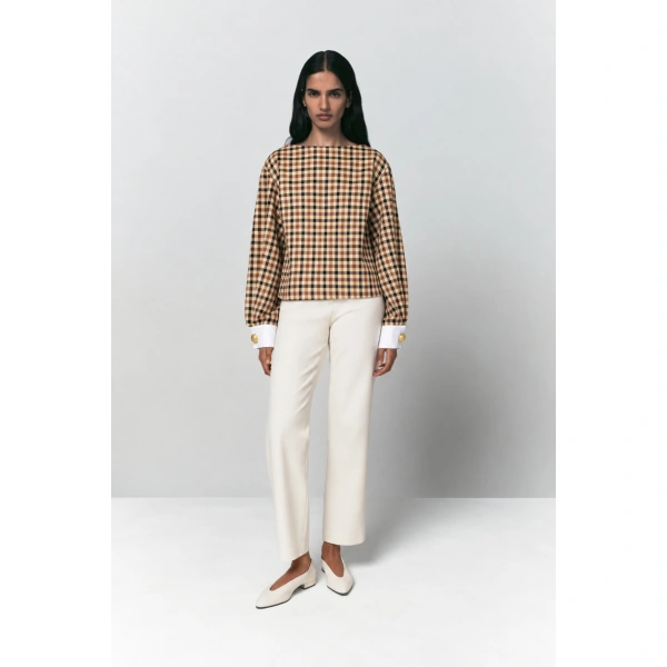 Destree Calo Checked Top in Camel | Long Sleeve Tops | Coveti