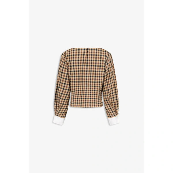 Destree Calo Checked Top in Camel | Long Sleeve Tops | Coveti
