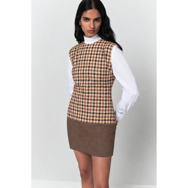 Destree Carole Checked Sleeveless Dress in Camel | Midi Dresses | Coveti