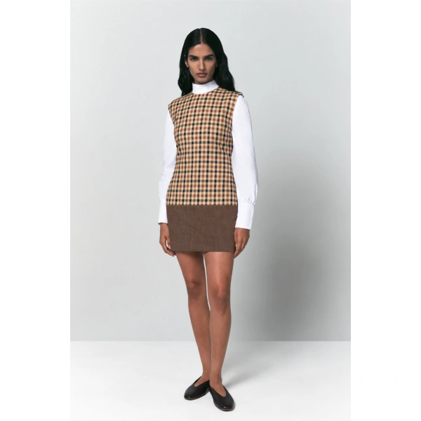 Destree Carole Checked Sleeveless Dress in Camel | Midi Dresses | Coveti