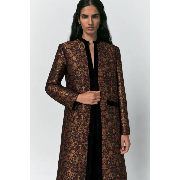 Destree Eden Garden Floral Jacquard Long Coat in Black and Rust | Wool & Cashmere Coats | Coveti