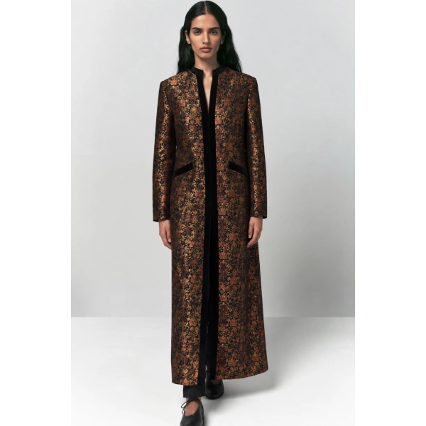 Destree Eden Garden Floral Jacquard Long Coat in Black and Rust | Wool & Cashmere Coats | Coveti