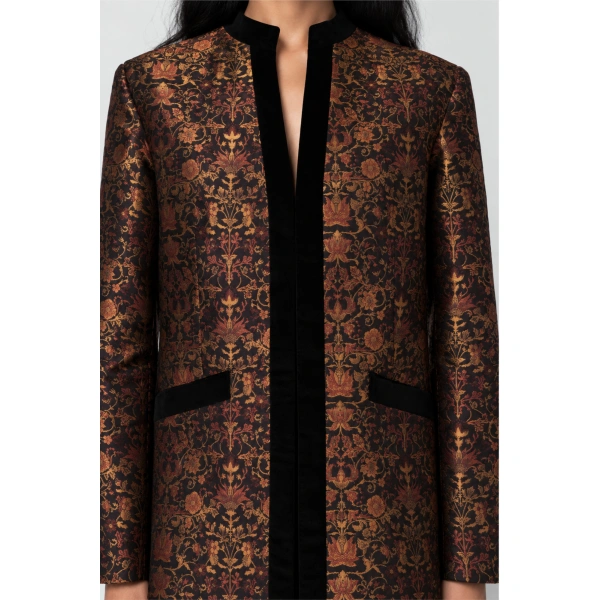 Destree Eden Garden Floral Jacquard Long Coat in Black and Rust | Wool & Cashmere Coats | Coveti