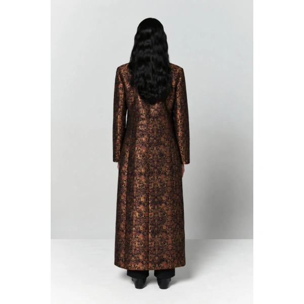 Destree Eden Garden Floral Jacquard Long Coat in Black and Rust | Wool & Cashmere Coats | Coveti