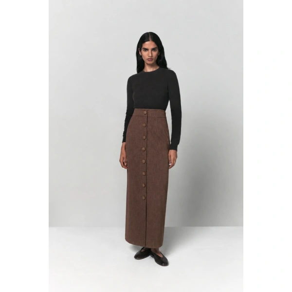Destree Ivan Buttoned Long Skirt in Brown | Maxi Skirts | Coveti