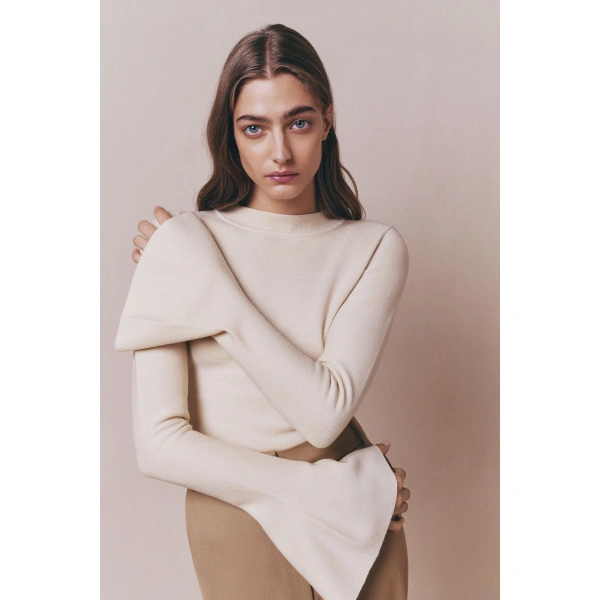 Destree Joan Wool Flared-Sleeve Top in Beige | Sweaters | Coveti
