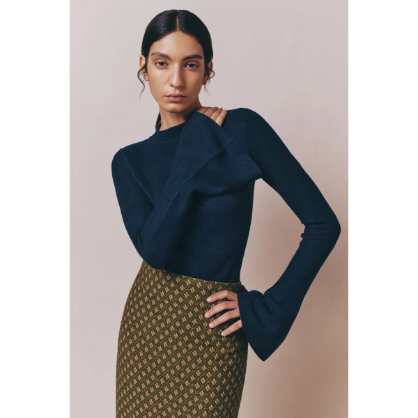 Destree Joan Wool Flared-Sleeve Top in Navy Blue | Sweaters | Coveti
