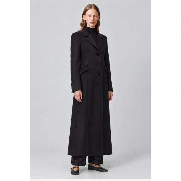 Destree Maria Wool Tailored Coat with Velvet Details in Black | Wool & Cashmere Coats | Coveti