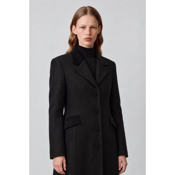 Destree Maria Wool Tailored Coat with Velvet Details in Black | Wool & Cashmere Coats | Coveti