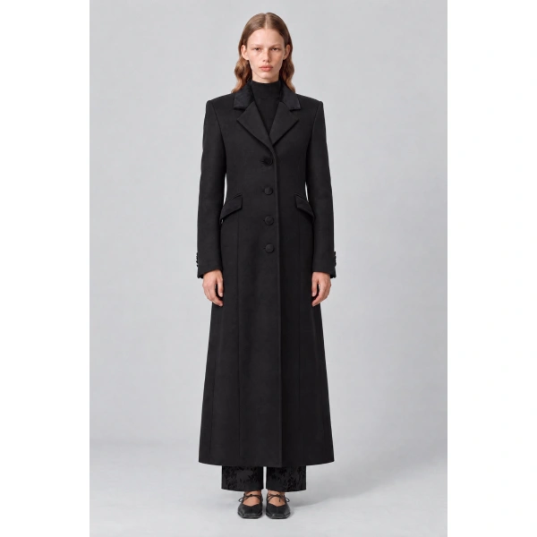 Destree Maria Wool Tailored Coat with Velvet Details in Black | Wool & Cashmere Coats | Coveti