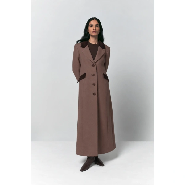 Destree Maria Wool Tailored Coat with Velvet Details in Taupe | Wool & Cashmere Coats | Coveti