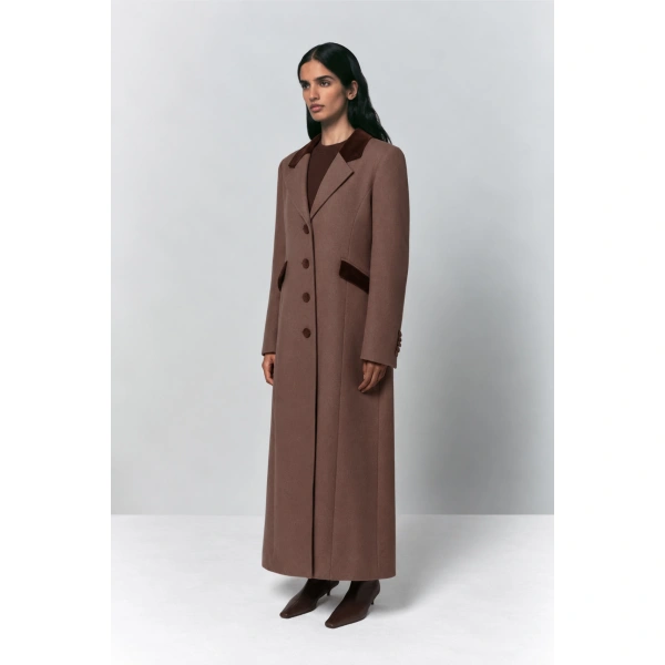 Destree Maria Wool Tailored Coat with Velvet Details in Taupe | Wool & Cashmere Coats | Coveti