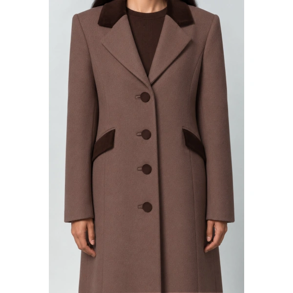 Destree Maria Wool Tailored Coat with Velvet Details in Taupe | Wool & Cashmere Coats | Coveti