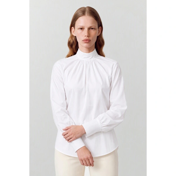 Destree Roberta Cotton Poplin High-Neck Blouse in White | Blouses | Coveti