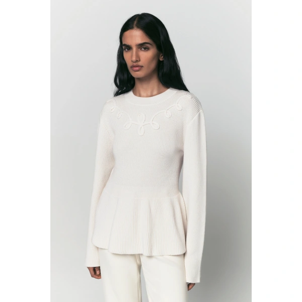 Destree Rosa Ribbed Knit Embroidered Sweater in Ecru | Sweaters | Coveti