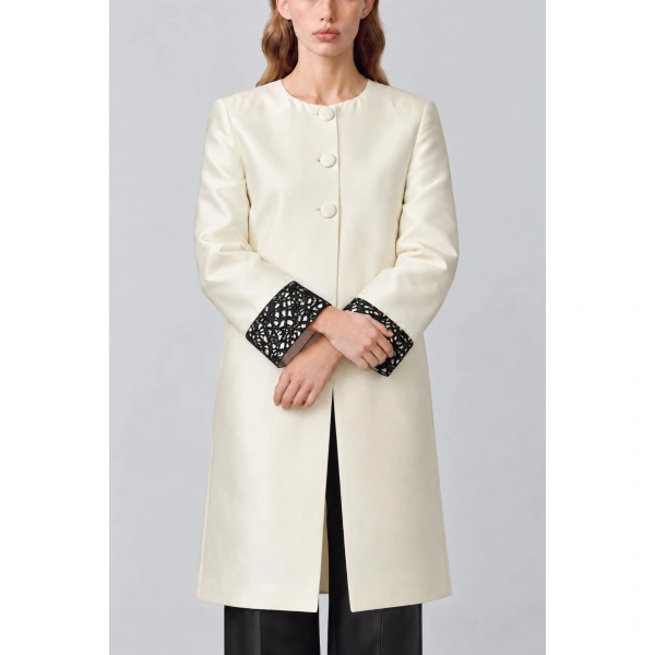 Destree Ruby Smart Lace Satin Long Jacket in White | Blazers | Coveti