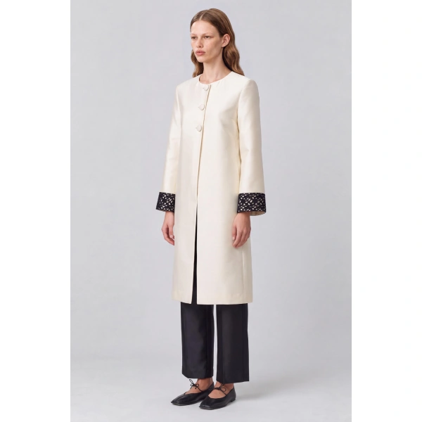 Destree Ruby Smart Lace Satin Long Jacket in White | Blazers | Coveti