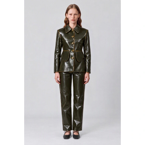 Destree Talia Coated Trousers in Moss | Tailored Pants | Coveti