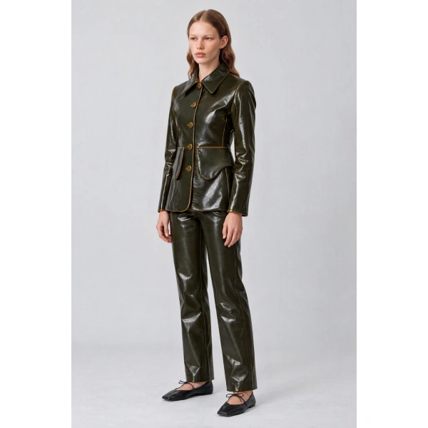 Destree Talia Coated Trousers in Moss | Tailored Pants | Coveti