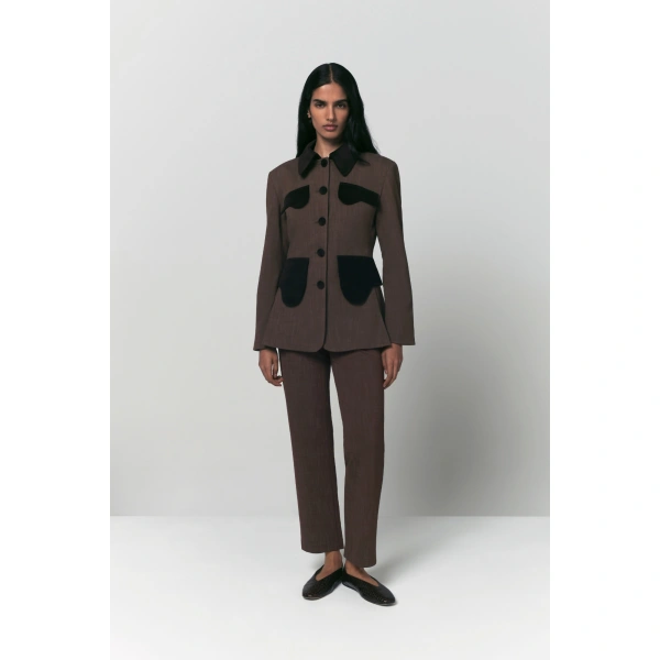 Destree Tina Straight Trousers with Velvet Details in Brown | Tailored Pants | Coveti