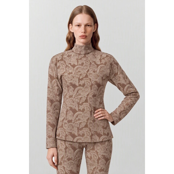 Destree Wenda Paisley Mock-Neck Top in Brown | Long Sleeve Tops | Coveti