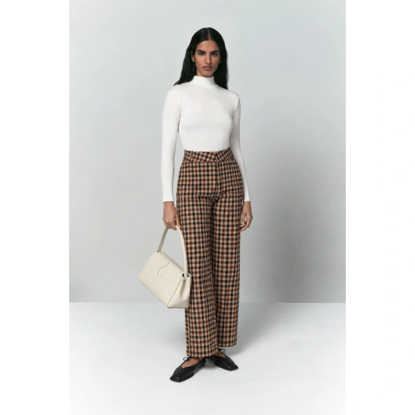 Destree Yoshitomo Checked Straight-Leg Trousers in Camel | Tailored Pants | Coveti