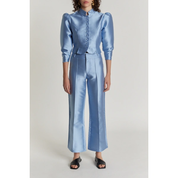 Destree Yoshitomo Satin Cropped Trousers in Niagara Blue | Tailored Pants | Coveti