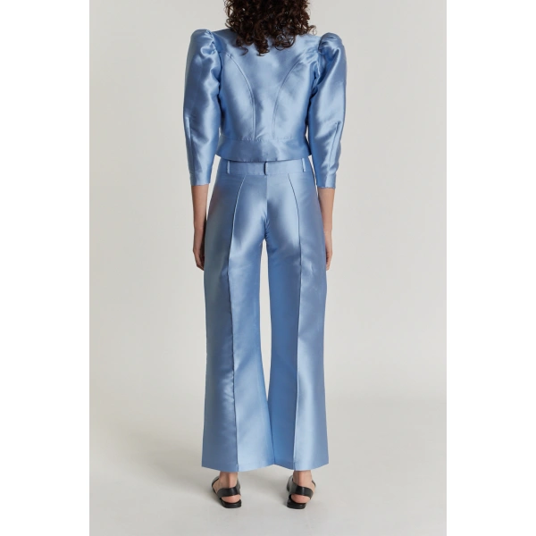 Destree Yoshitomo Satin Cropped Trousers in Niagara Blue | Tailored Pants | Coveti