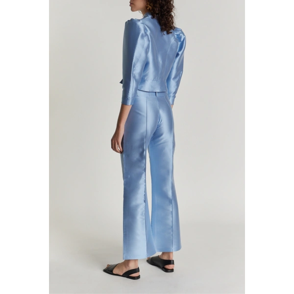 Destree Yoshitomo Satin Cropped Trousers in Niagara Blue | Tailored Pants | Coveti