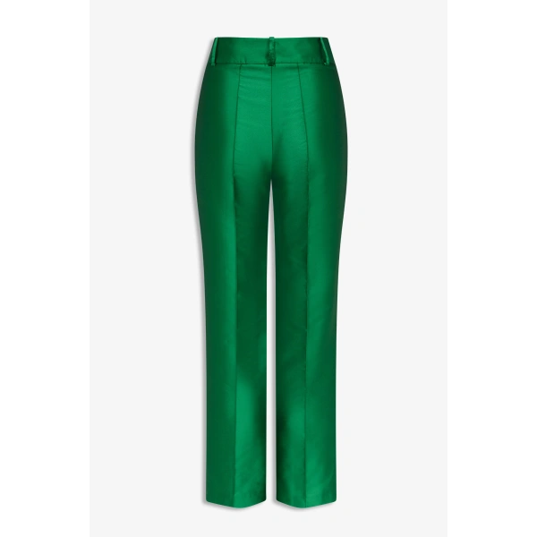 Destree Yoshitomo Satin Straight Trousers in Green | Tailored Pants | Coveti