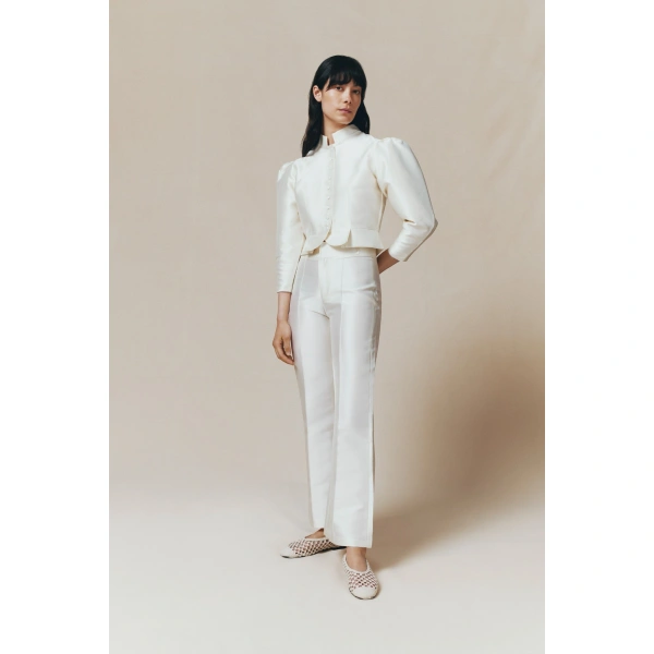 Destree Yoshitomo Satin Trousers in White | Tailored Pants | Coveti