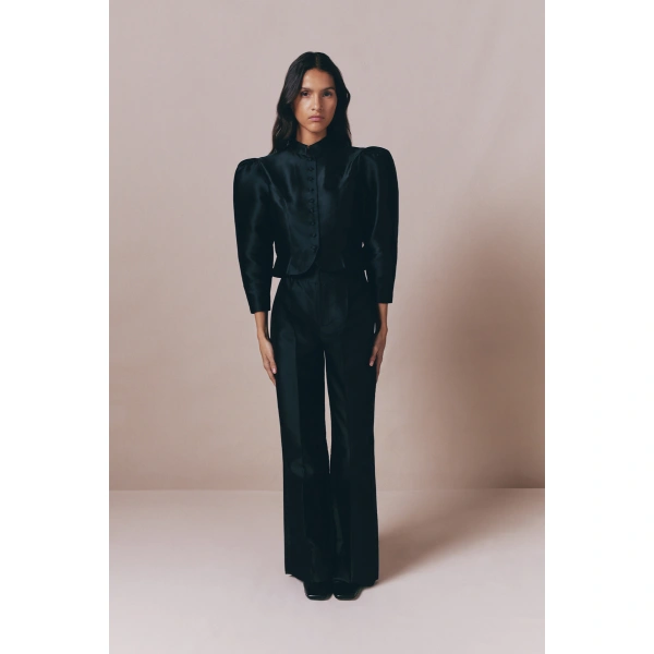 Destree Yoshitomo Satin Wide-Leg Trousers in Black | Wide-Leg Pants | Coveti