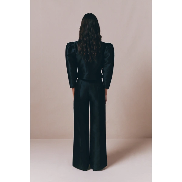 Destree Yoshitomo Satin Wide-Leg Trousers in Black | Wide-Leg Pants | Coveti