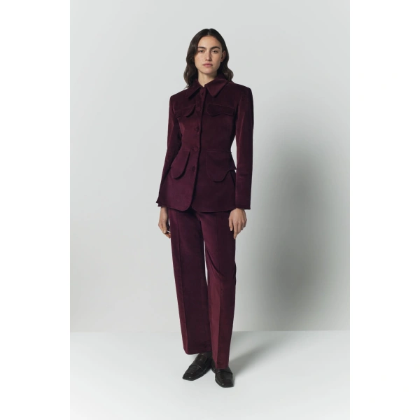 Destree Yoshitomo Velvet Straight Trousers in Burgundy | Tailored Pants | Coveti