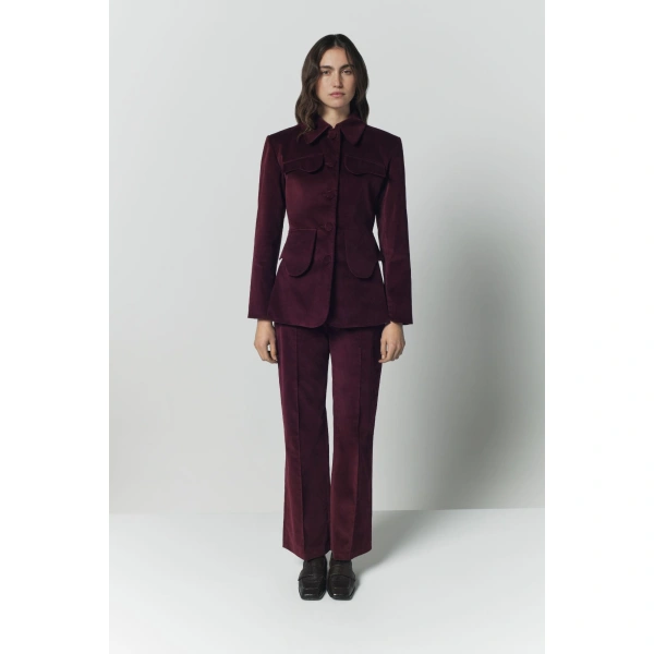 Destree Yoshitomo Velvet Straight Trousers in Burgundy | Tailored Pants | Coveti