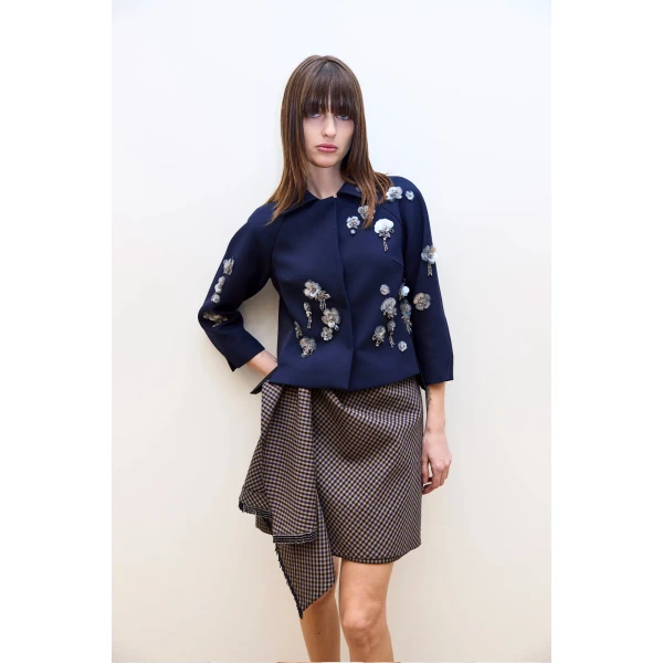 Dice Kayek Asymmetric Draped Gingham Mini Skirt in Navy | Mini Skirts | Coveti