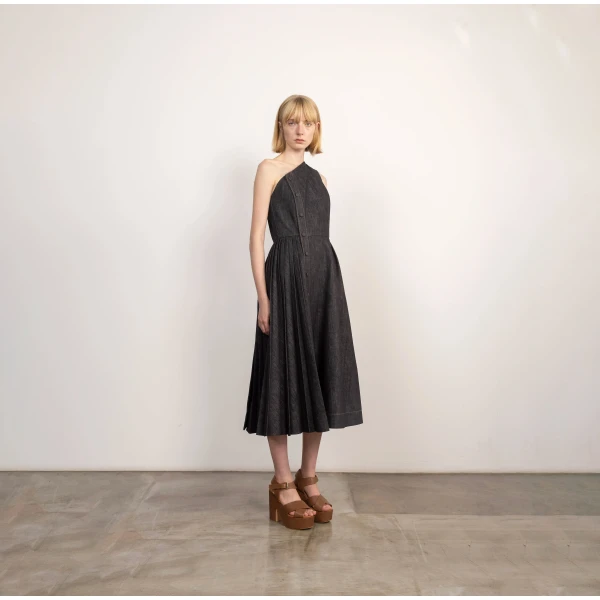 Dice Kayek Asymmetrical Structured Denim Midi Dress in Black | Midi Dresses | Coveti