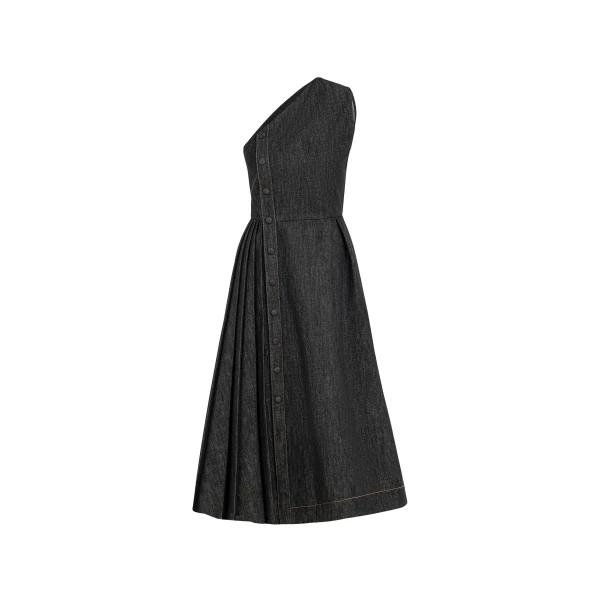 Asymmetrical Structured Denim Midi Dress in Black