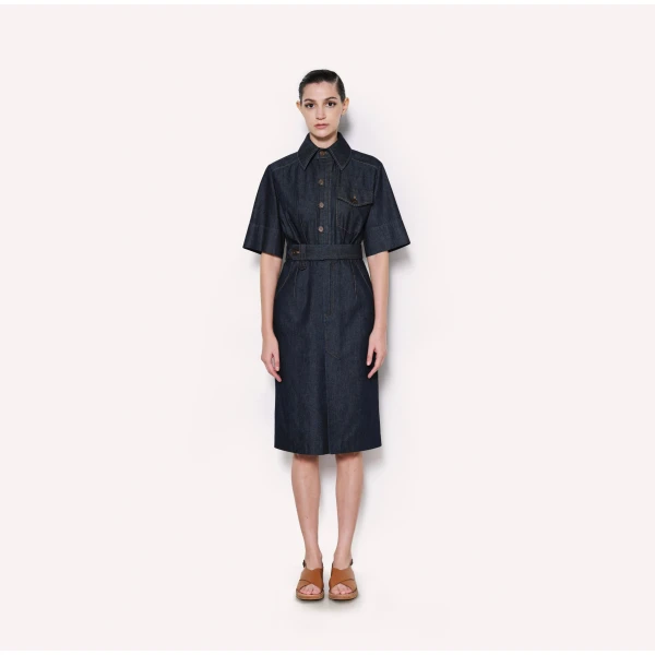 Dice Kayek Belted Chambray Midi Shirt Dress in Indigo | Shirtdress | Coveti