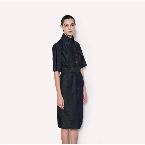 Dice Kayek Belted Chambray Midi Shirt Dress in Indigo | Shirtdress | Coveti
