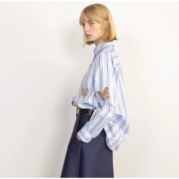 Dice Kayek Butterfly Embroidered Cotton Shirt in Blue Stripe | Shirts | Coveti