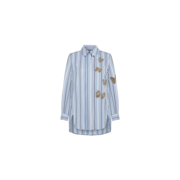 Dice Kayek Butterfly Embroidered Cotton Shirt in Blue Stripe | Shirts | Coveti