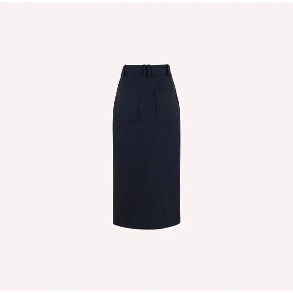 Dice Kayek Cotton Midi Skirt with Front Slit in Navy | Midi Skirts | Coveti