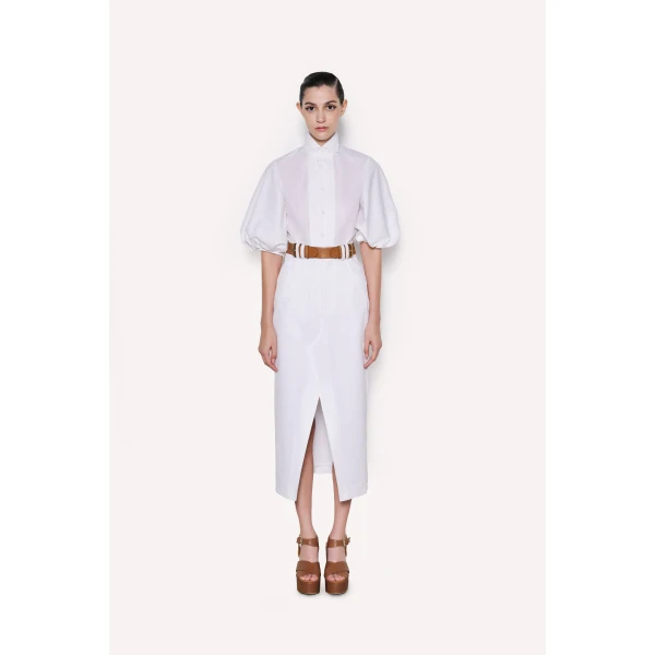 Dice Kayek Cotton Poplin Shirt with Structured High Collar in White | Shirts | Coveti