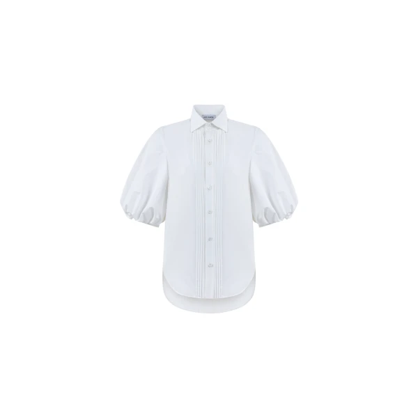 Dice Kayek Cotton Poplin Shirt with Structured High Collar in White | Shirts | Coveti